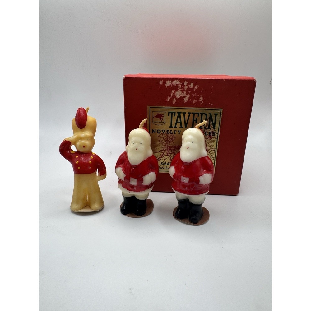 Vintage Set of 3 Mobil Socony Soldier Santa Tavern Candles with Original Box